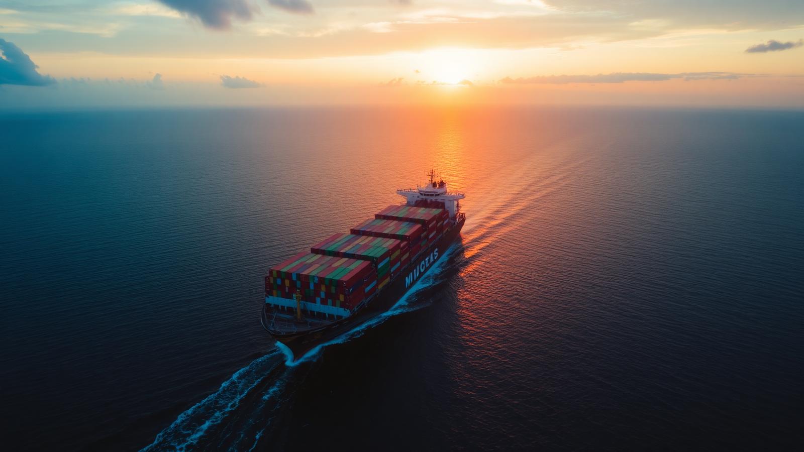 Container vessel transiting at sunset